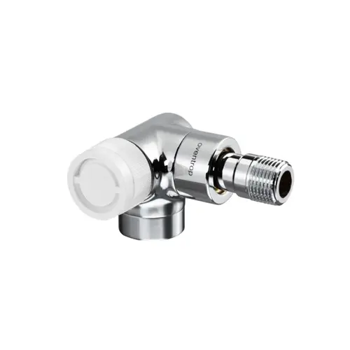 Thermostatventil von Oventrop, verchromte Oberfläche, mit seitlichem Anschluss, geeignet für Heizungsanlagen, im Winkeleck-Design positioniert.